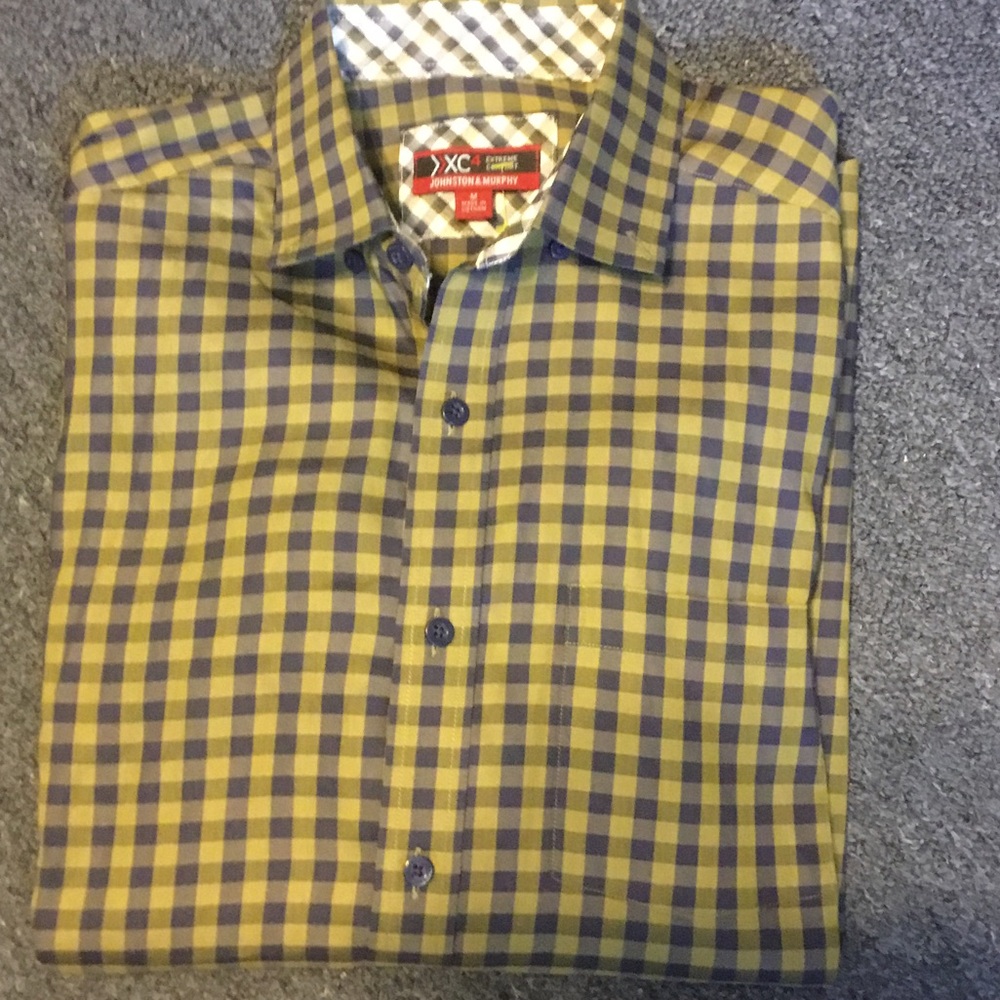 XC by Johnston & Murphy Yellow and Navy Check Casual Button-Down Shirt
